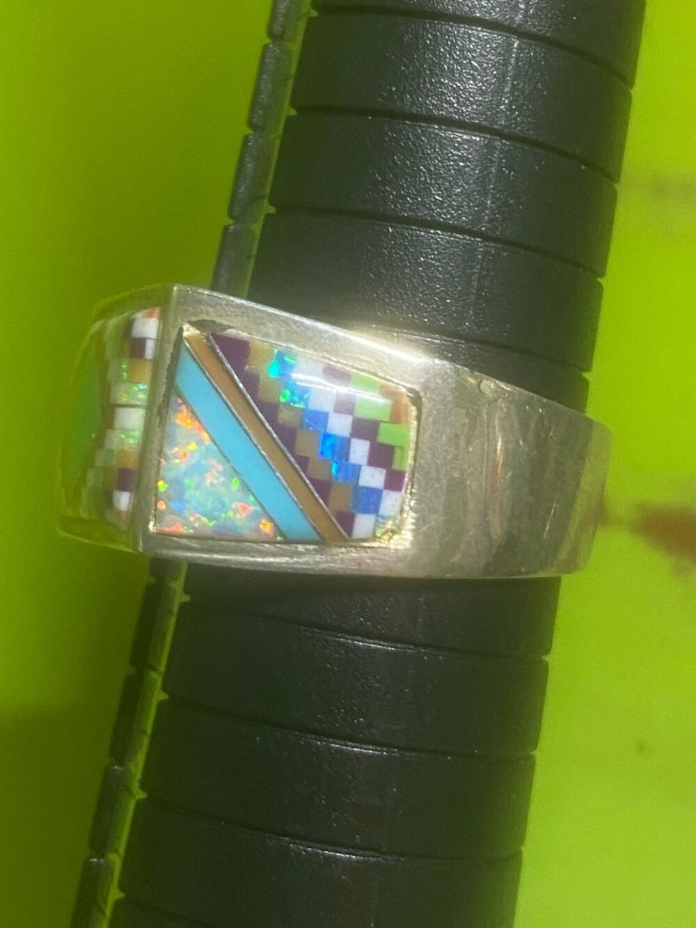 Zuni Men's Ring Size 10 1/2 Inlay Sterling Silver Opal Native American Ethnic - Picture 5 of 12